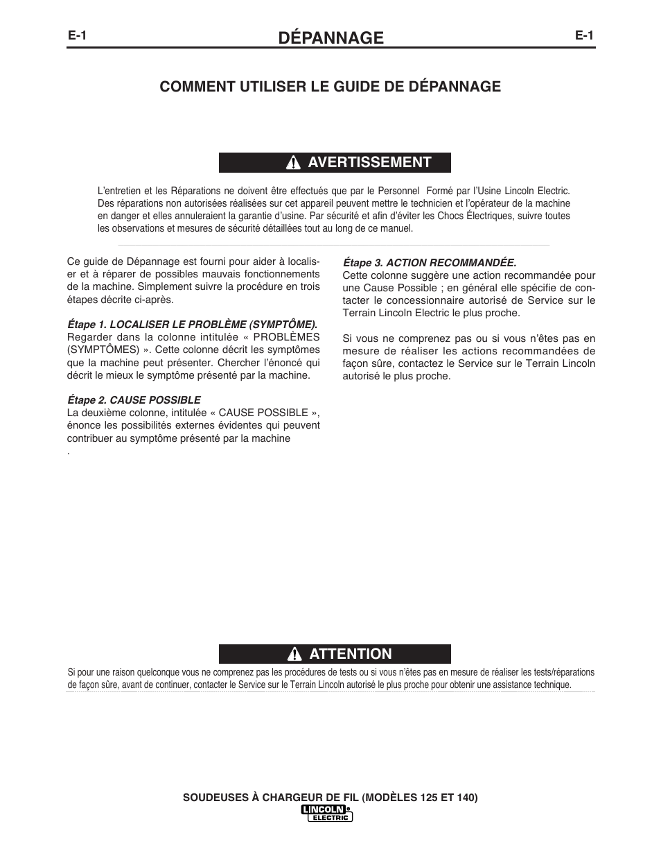 Dépannage, Attention, Comment utiliser le guide de dépannage | Avertissement | Lincoln Electric IMT10049 WIRE FEEDER WELDER 125, 140 User Manual | Page 94 / 104