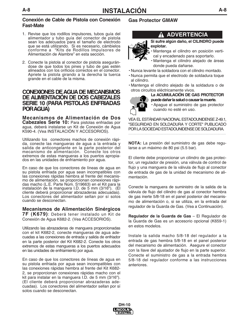 Instalación, Advertencia | Lincoln Electric IM572 DH-10 Heads & Controls User Manual | Page 16 / 60