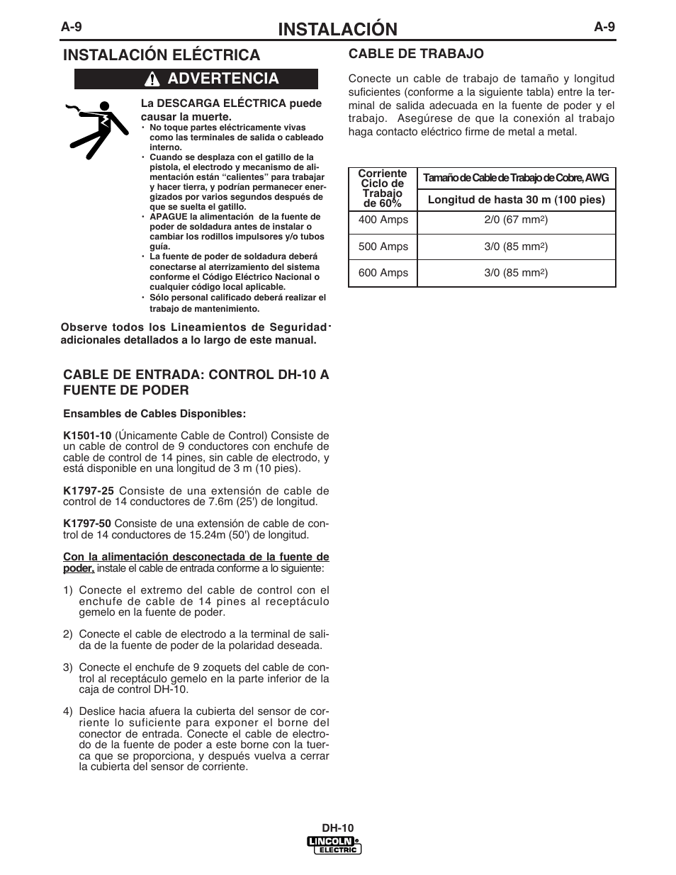 Instalación, Instalación eléctrica, Advertencia | Lincoln Electric IM572 DH-10 Heads & Controls User Manual | Page 17 / 60