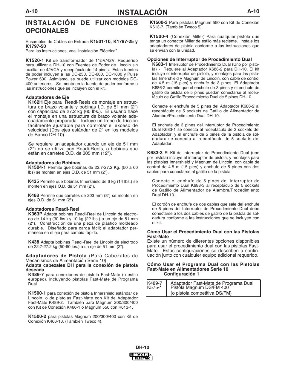 Instalación, Instalación de funciones opcionales | Lincoln Electric IM572 DH-10 Heads & Controls User Manual | Page 18 / 60