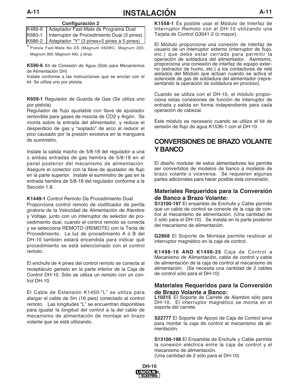 Instalación, Conversiones de brazo volante y banco | Lincoln Electric IM572 DH-10 Heads & Controls User Manual | Page 19 / 60