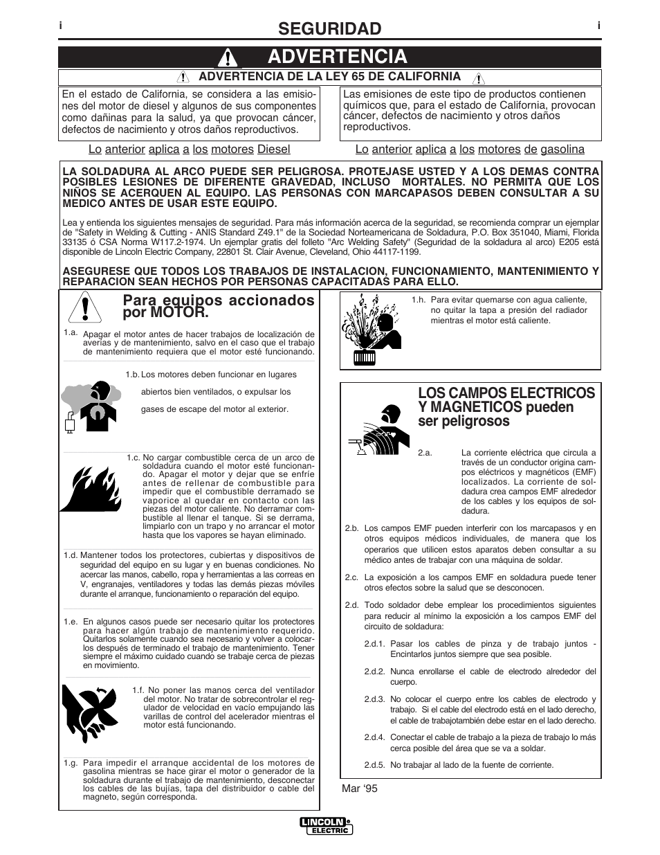 Advertencia, Seguridad, Para equipos accionados por motor | Lincoln Electric IM572 DH-10 Heads & Controls User Manual | Page 2 / 60