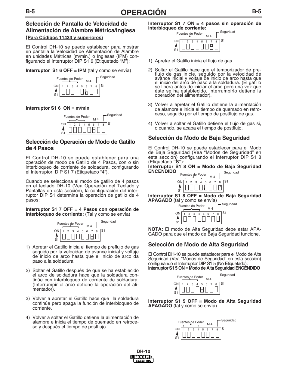 Operación, Selección de modo de baja seguridad, Selección de modo de alta seguridad | Dh-10 | Lincoln Electric IM572 DH-10 Heads & Controls User Manual | Page 24 / 60