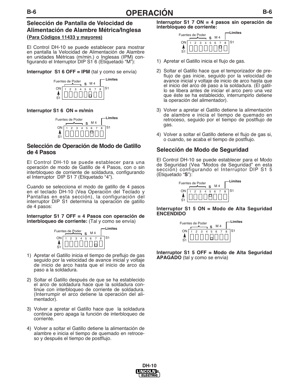 Operación, Selección de modo de seguridad, Dh-10 | Lincoln Electric IM572 DH-10 Heads & Controls User Manual | Page 25 / 60