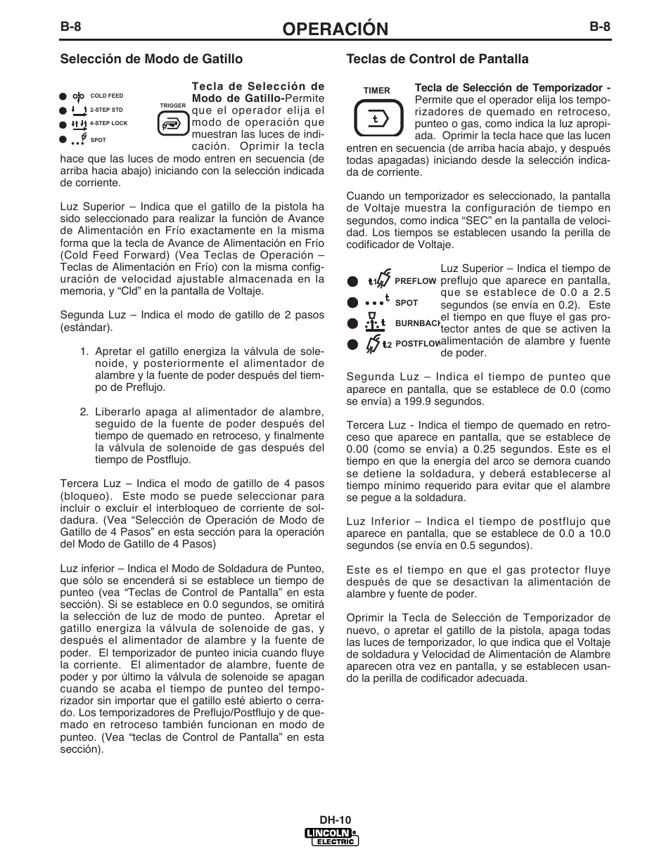 Operación, Selección de modo de gatillo, Teclas de control de pantalla | Lincoln Electric IM572 DH-10 Heads & Controls User Manual | Page 27 / 60