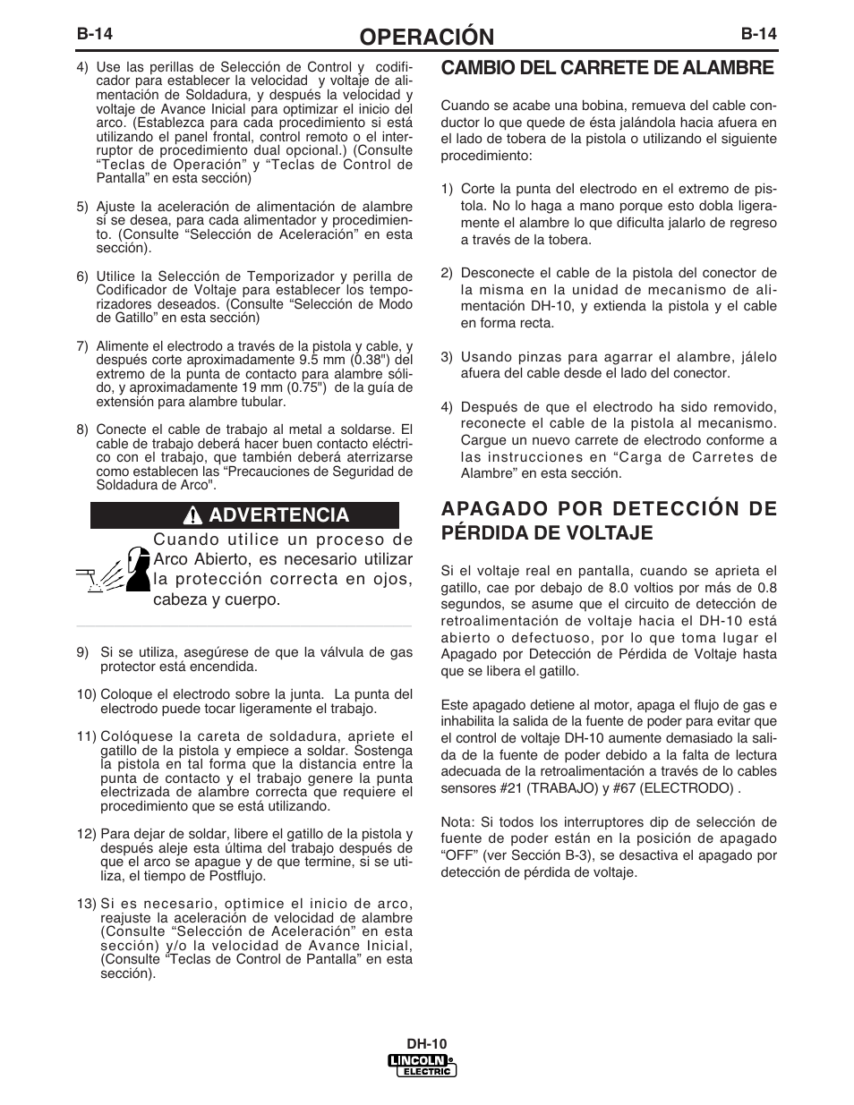 Operación, Cambio del carrete de alambre, Apagado por detección de pérdida de voltaje | Advertencia | Lincoln Electric IM572 DH-10 Heads & Controls User Manual | Page 33 / 60