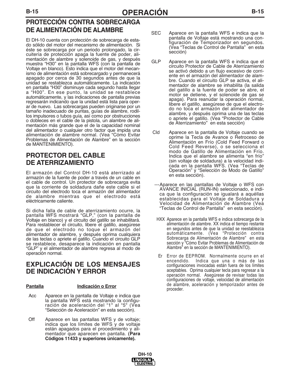 Operación, Protector del cable de aterrizamiento, Explicación de los mensajes de indicación y error | Lincoln Electric IM572 DH-10 Heads & Controls User Manual | Page 34 / 60