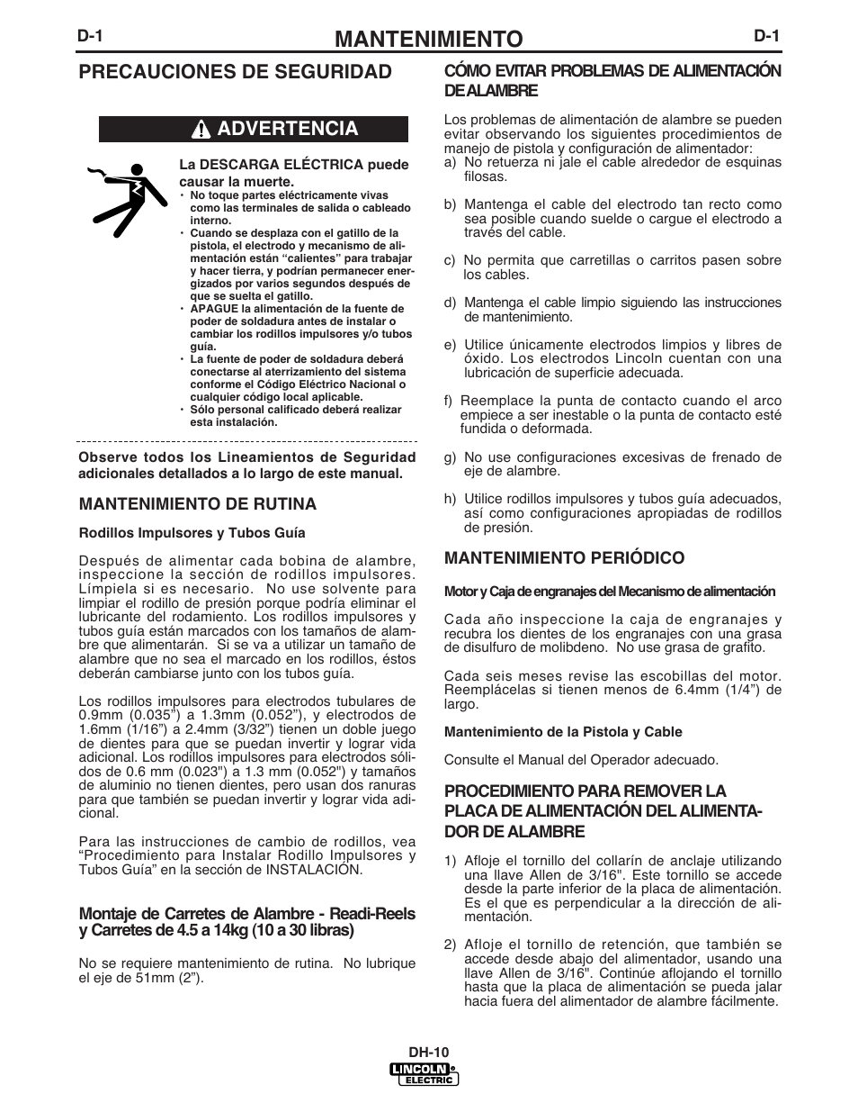 Mantenimiento, Precauciones de seguridad, Advertencia | Lincoln Electric IM572 DH-10 Heads & Controls User Manual | Page 38 / 60