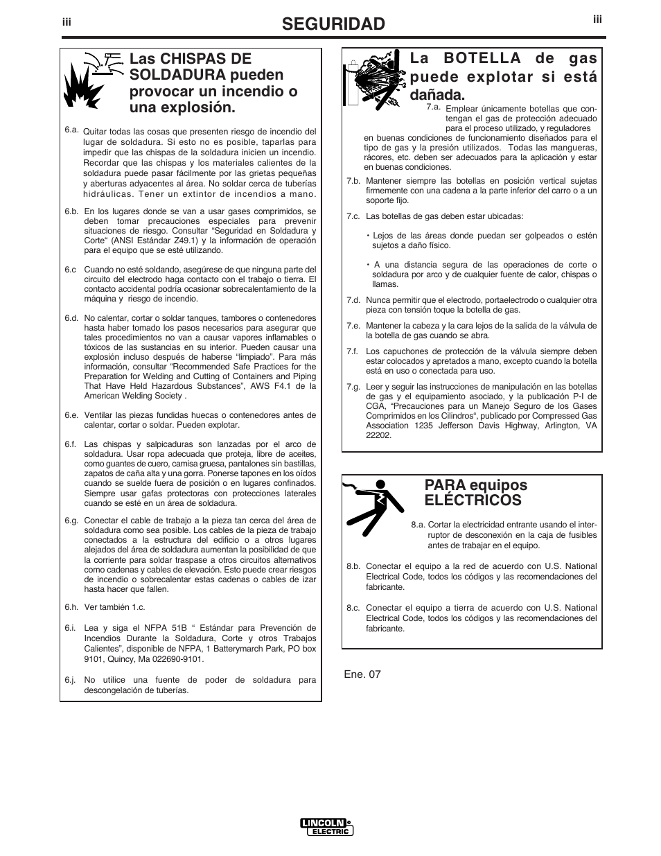 Seguridad, Para equipos eléctricos, La botella de gas puede explotar si está dañada | Lincoln Electric IM572 DH-10 Heads & Controls User Manual | Page 4 / 60