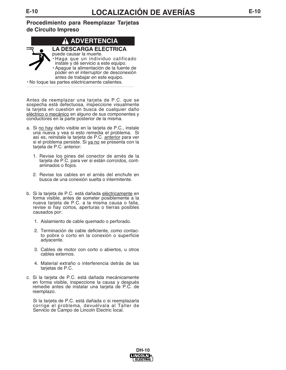 Localización de averías, Advertencia | Lincoln Electric IM572 DH-10 Heads & Controls User Manual | Page 48 / 60