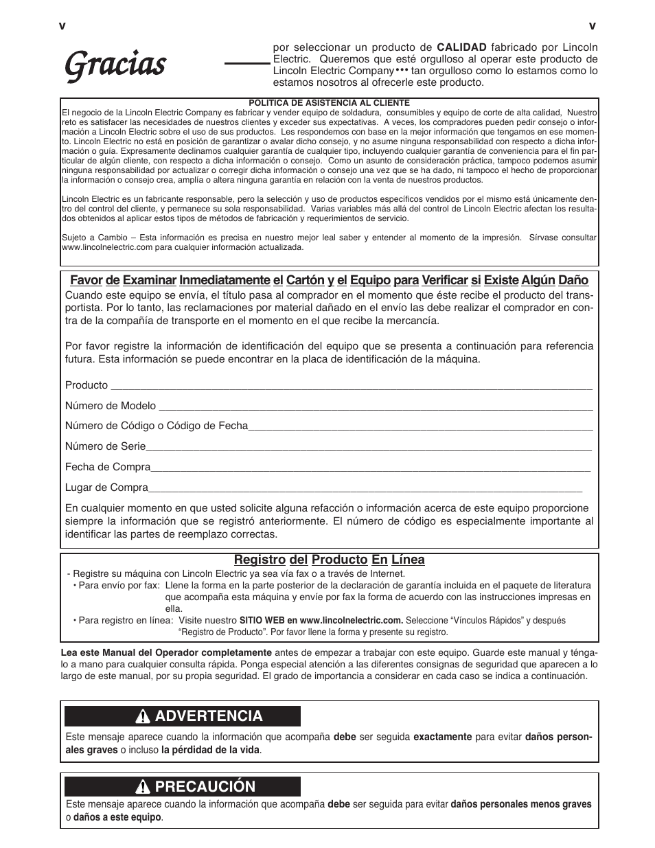 Gracias, Advertencia, Precaución | Lincoln Electric IM572 DH-10 Heads & Controls User Manual | Page 6 / 60