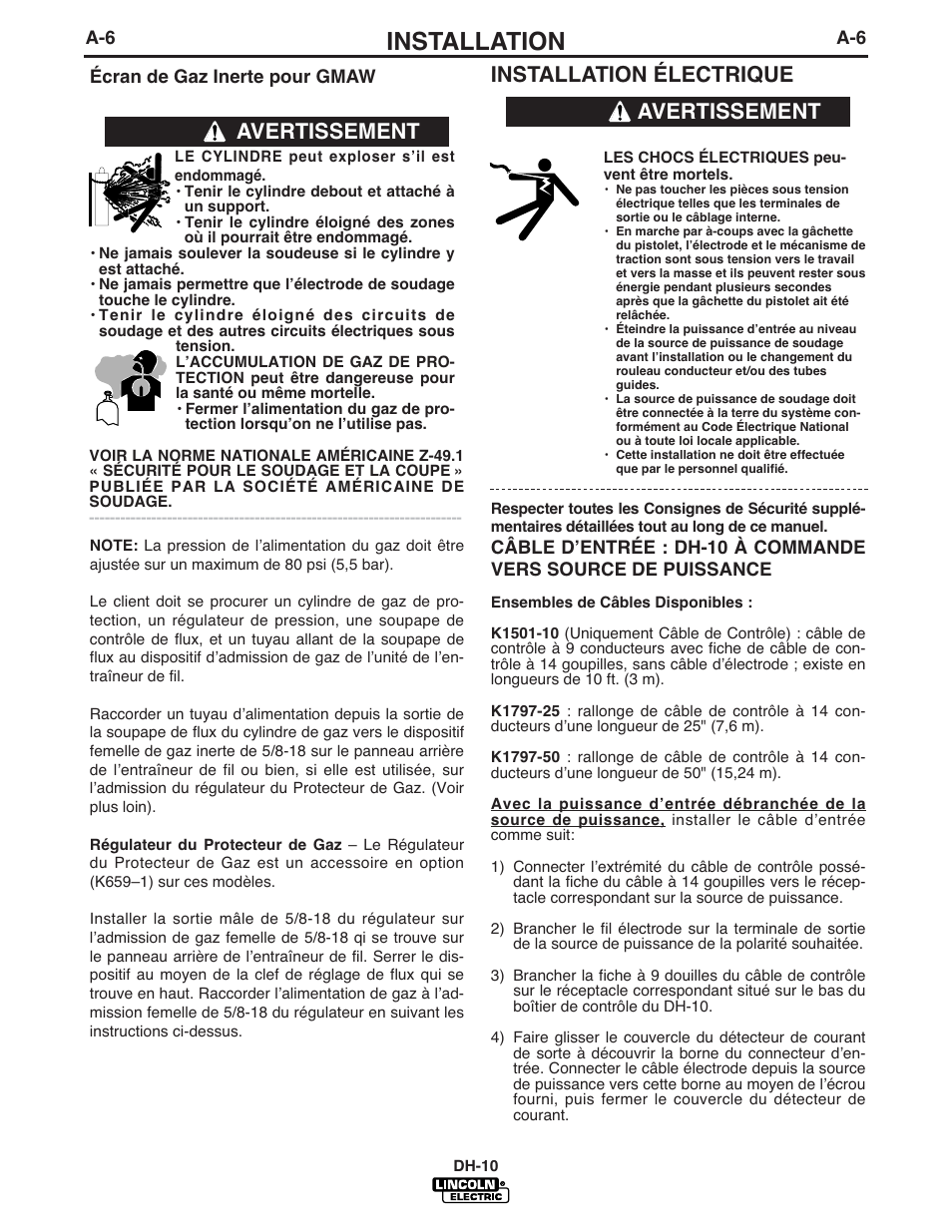 Installation, Installation électrique, Avertissement | Lincoln Electric IM903 DH-10 Heads & Controls User Manual | Page 13 / 48