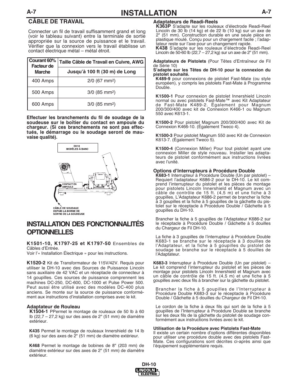 Installation, Installation des fonctionnalités optionnelles | Lincoln Electric IM903 DH-10 Heads & Controls User Manual | Page 14 / 48