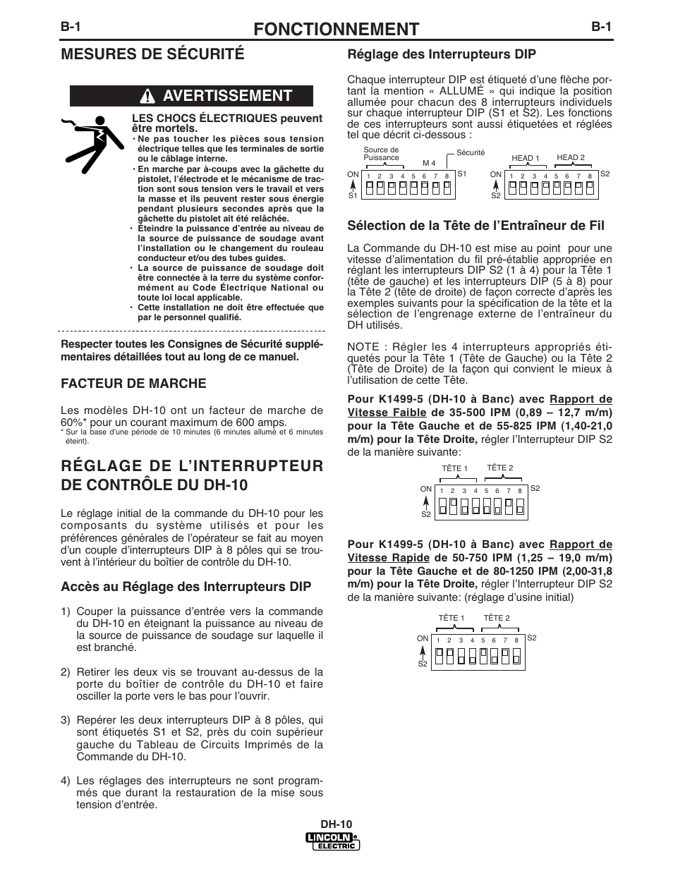 Fonctionnement, Mesures de sécurité, Réglage de lʼinterrupteur de contrôle du dh-10 | Avertissement, Réglage des interrupteurs dip, Sélection de la tête de lʼentraîneur de fil, Facteur de marche, Accès au réglage des interrupteurs dip | Lincoln Electric IM903 DH-10 Heads & Controls User Manual | Page 16 / 48