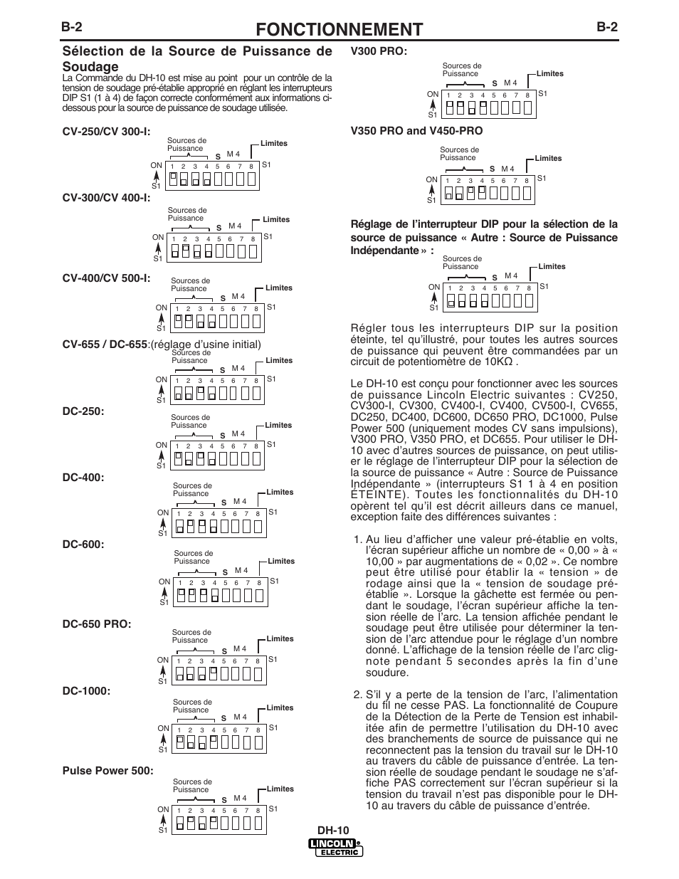 Fonctionnement, Sélection de la source de puissance de soudage, Dh-10 | Lincoln Electric IM903 DH-10 Heads & Controls User Manual | Page 17 / 48