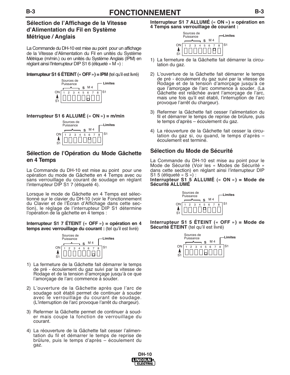 Fonctionnement, Sélection du mode de sécurité, Dh-10 | Lincoln Electric IM903 DH-10 Heads & Controls User Manual | Page 18 / 48