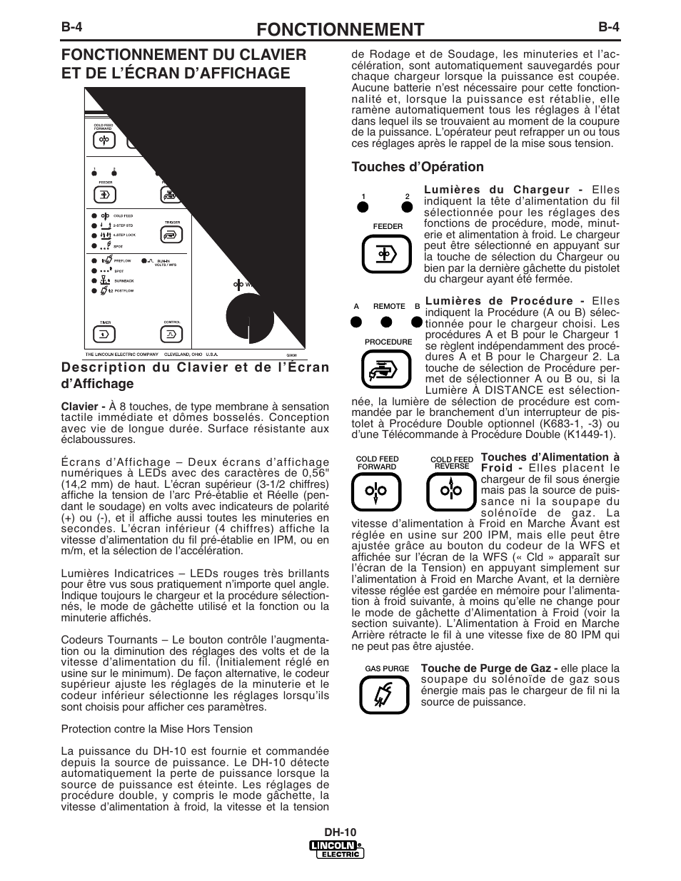 Fonctionnement, Description du clavier et de lʼécran dʼaffichage, Touches dʼopération | Lincoln Electric IM903 DH-10 Heads & Controls User Manual | Page 19 / 48