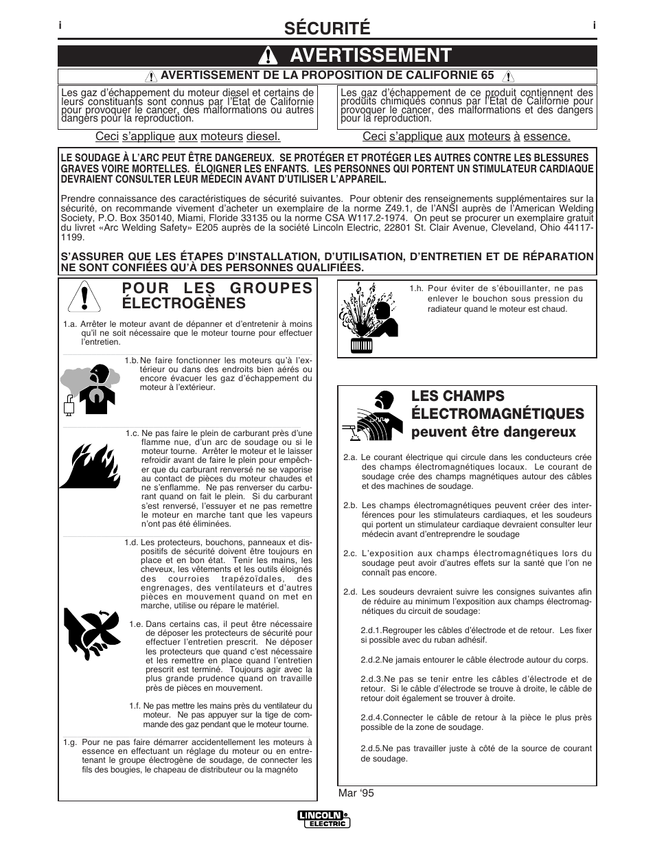 Avertissement, Sécurité, Pour les groupes électrogènes | Lincoln Electric IM903 DH-10 Heads & Controls User Manual | Page 2 / 48