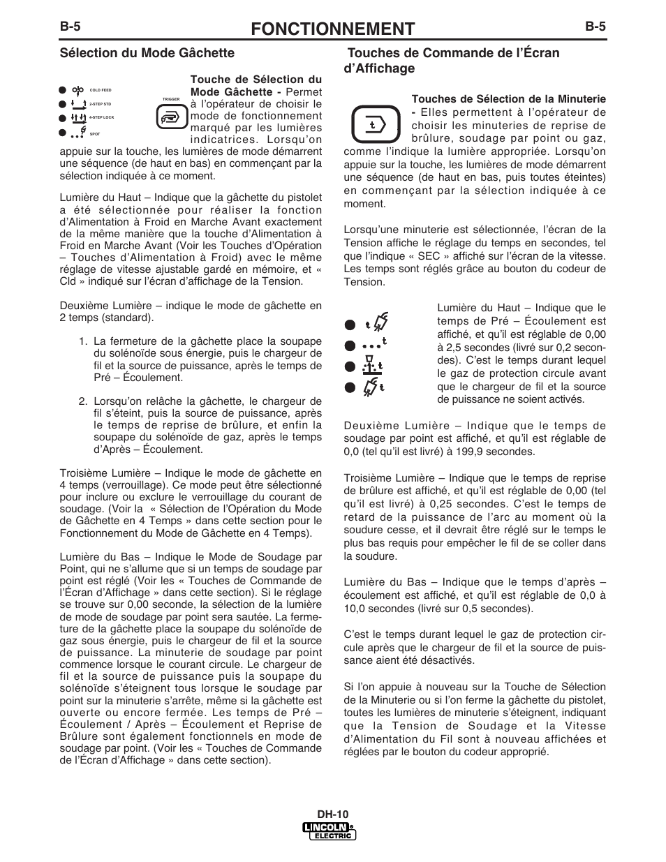 Fonctionnement, Sélection du mode gâchette, Touches de commande de lʼécran dʼaffichage | Lincoln Electric IM903 DH-10 Heads & Controls User Manual | Page 20 / 48