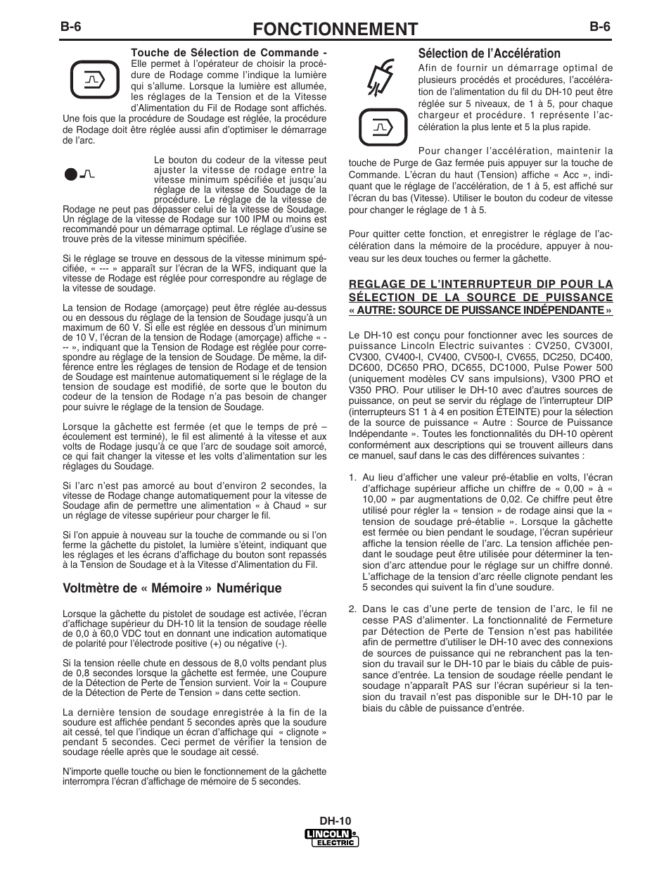 Fonctionnement, Voltmètre de « mémoire » numérique, Sélection de lʼaccélération | Lincoln Electric IM903 DH-10 Heads & Controls User Manual | Page 21 / 48