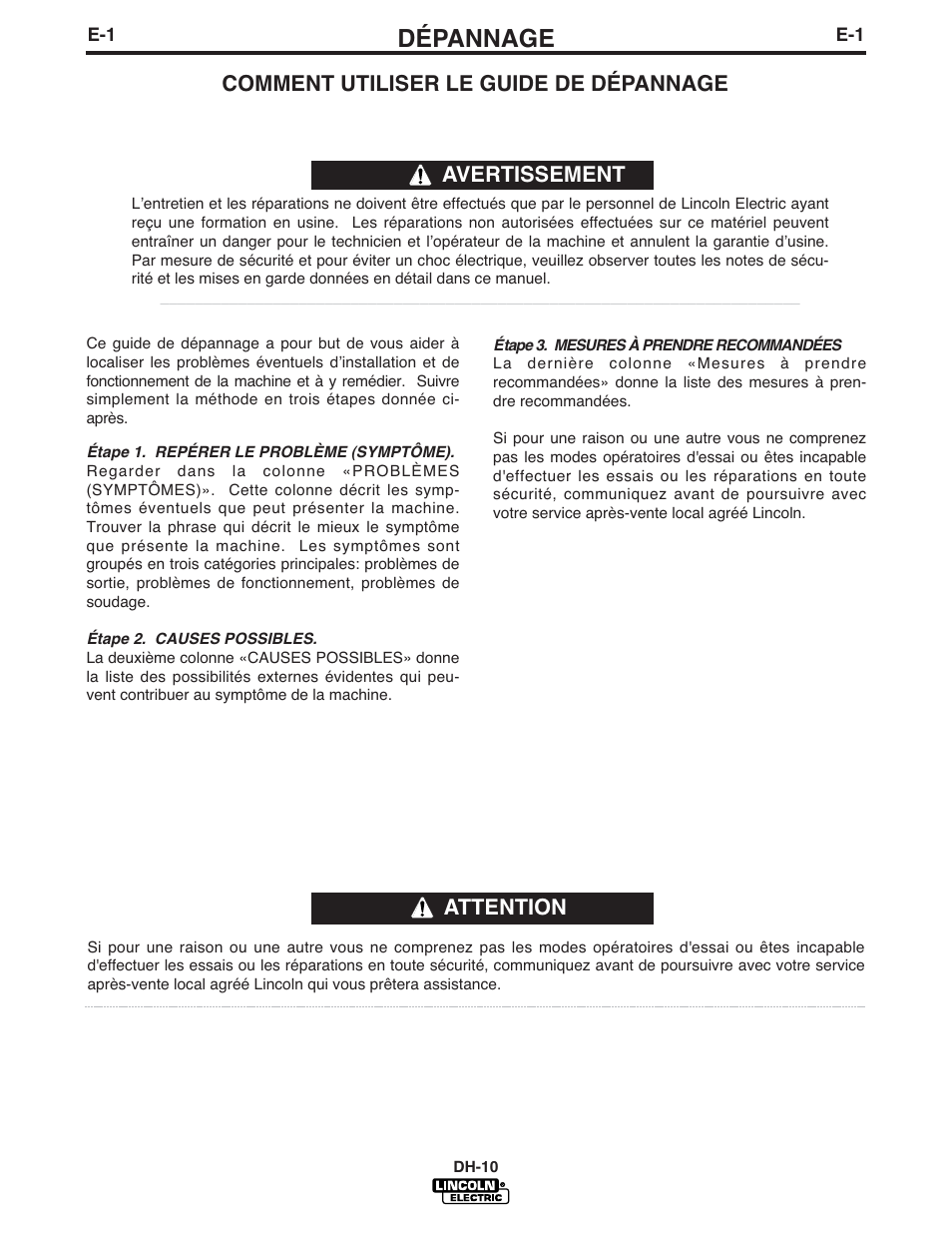 Dépannage, Attention, Comment utiliser le guide de dépannage | Avertissement | Lincoln Electric IM903 DH-10 Heads & Controls User Manual | Page 32 / 48