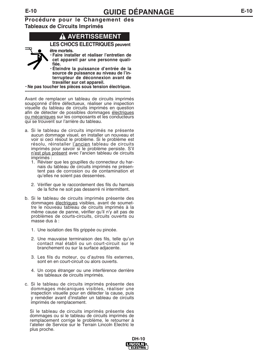 Guide dépannage, Avertissement | Lincoln Electric IM903 DH-10 Heads & Controls User Manual | Page 41 / 48