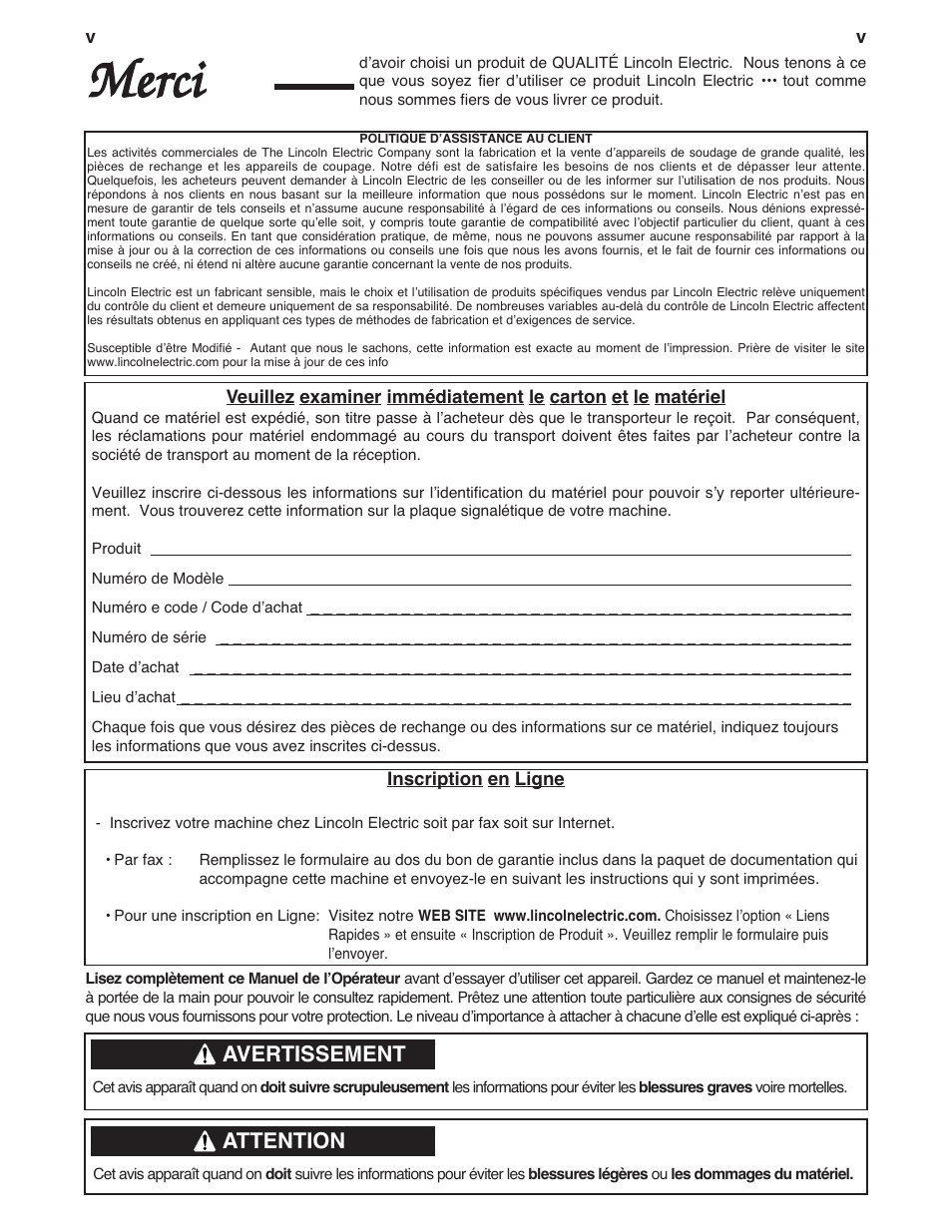 Merci, Avertissement, Attention | Lincoln Electric IM903 DH-10 Heads & Controls User Manual | Page 6 / 48