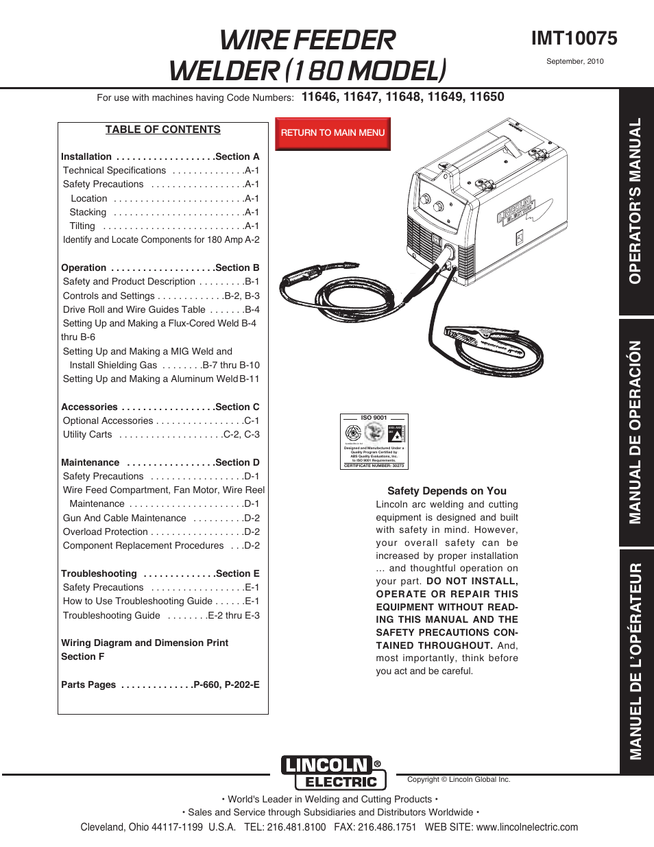 Lincoln Electric IMT10075 WIRE FEEDER WELDER 180 User Manual | 92 pages