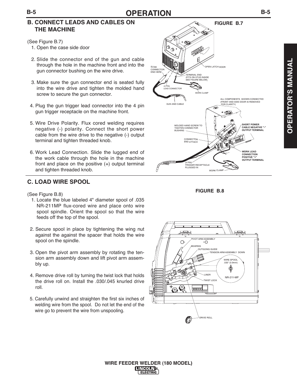 Operation, Opera t orʼs manual, B. connect leads and cables on the machine | C. load wire spool | Lincoln Electric IMT10075 WIRE FEEDER WELDER 180 User Manual | Page 13 / 92