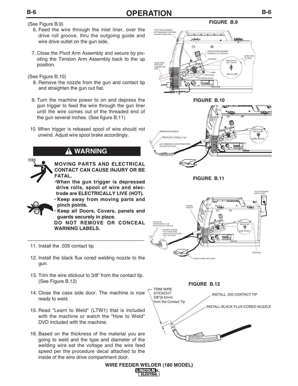 Operation, Warning, Figure b.10 figure b.11 | Figure b.9 figure b.12 | Lincoln Electric IMT10075 WIRE FEEDER WELDER 180 User Manual | Page 14 / 92