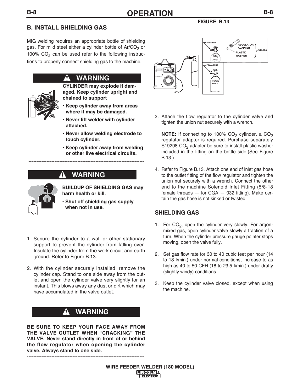 Operation, Warning, B. install shielding gas | Shielding gas | Lincoln Electric IMT10075 WIRE FEEDER WELDER 180 User Manual | Page 16 / 92