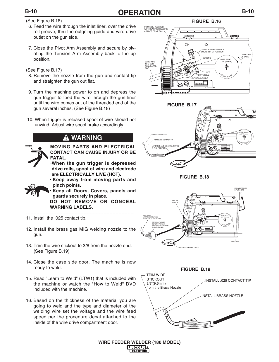 Operation, Warning, B-10 | Lincoln Electric IMT10075 WIRE FEEDER WELDER 180 User Manual | Page 18 / 92