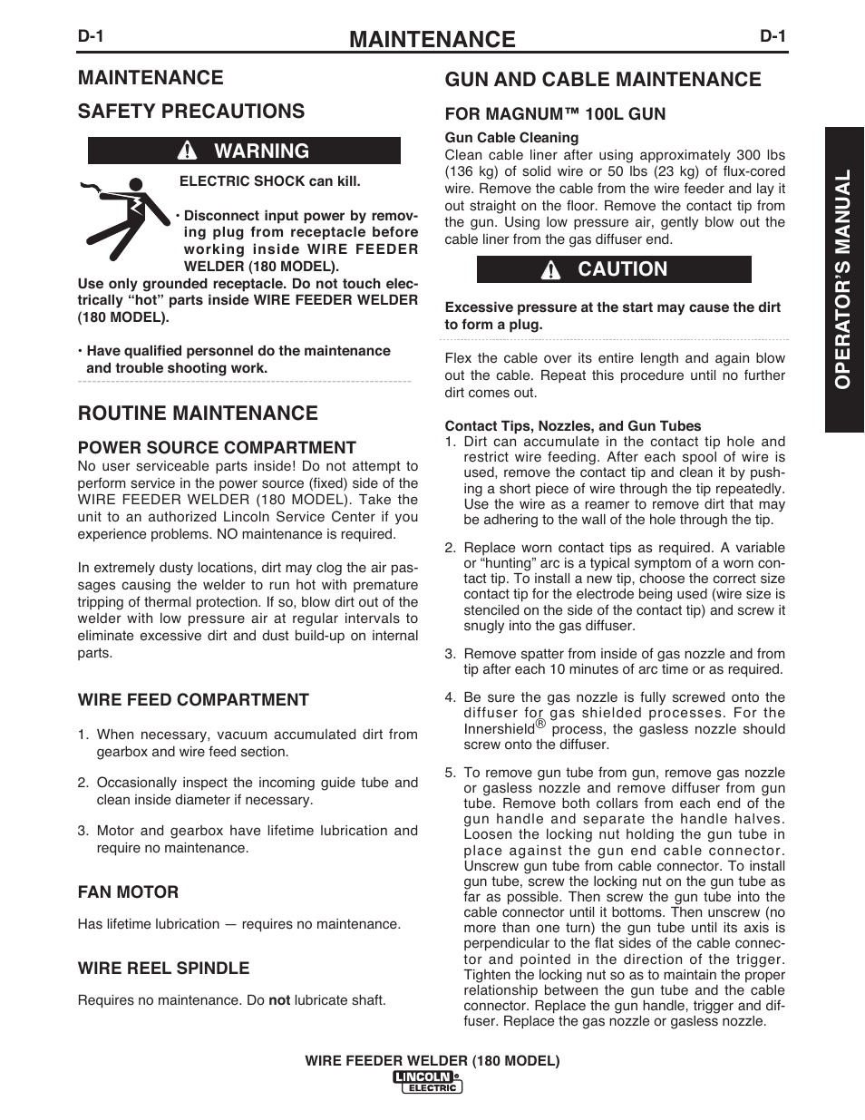 Maintenance, Maintenance safety precautions, Routine maintenance | Warning gun and cable maintenance, Caution opera t orʼs manual | Lincoln Electric IMT10075 WIRE FEEDER WELDER 180 User Manual | Page 23 / 92