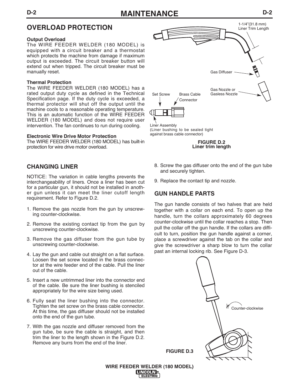 Maintenance, Overload protection | Lincoln Electric IMT10075 WIRE FEEDER WELDER 180 User Manual | Page 24 / 92