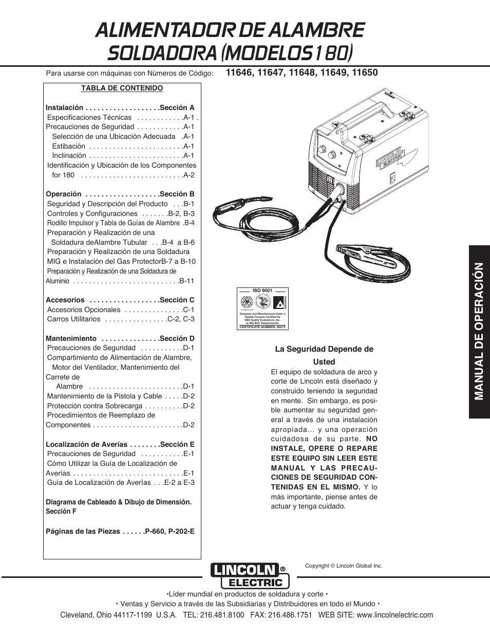 Alimentador de alambre soldadora (modelos180), Manual de operación | Lincoln Electric IMT10075 WIRE FEEDER WELDER 180 User Manual | Page 31 / 92