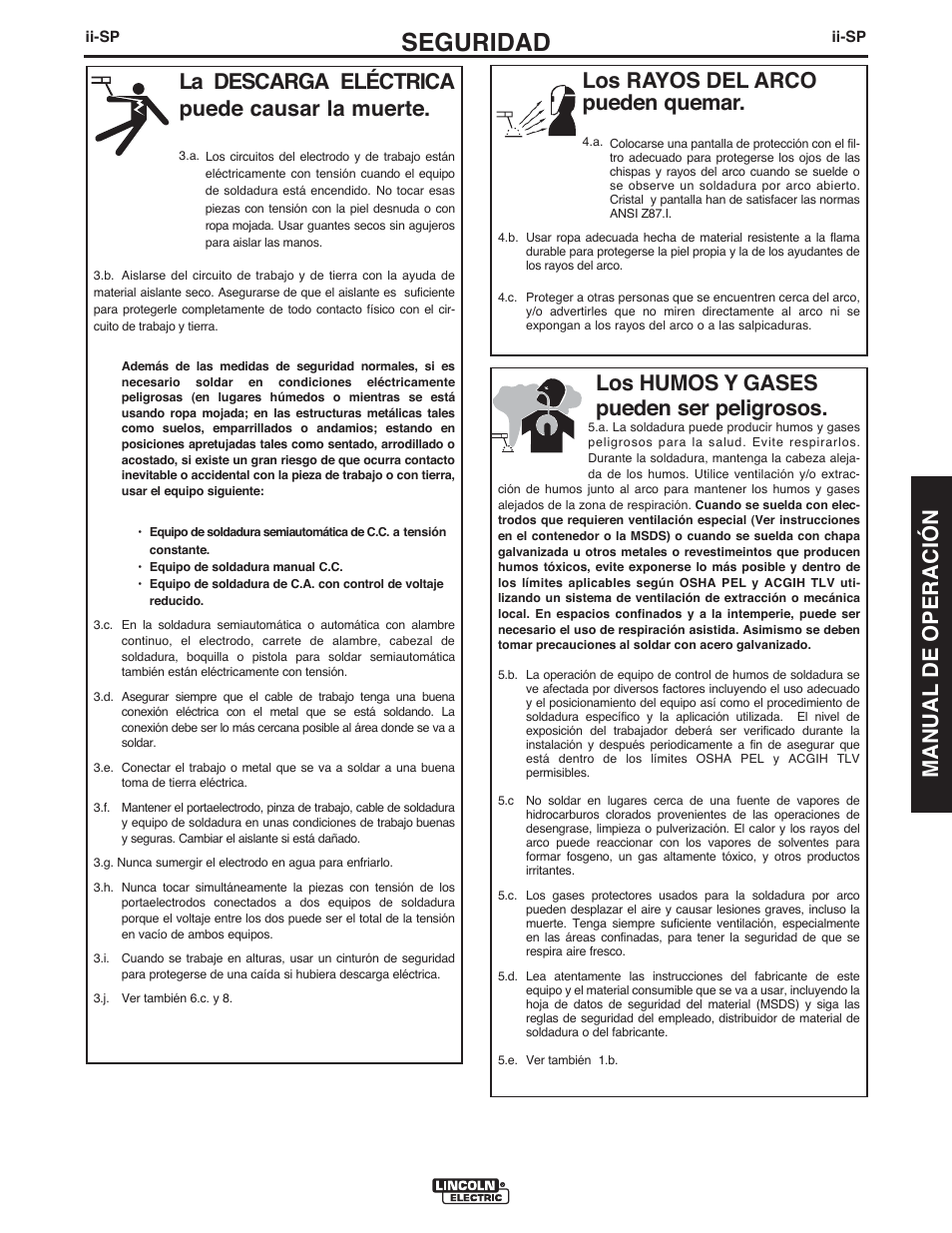 Seguridad, La descarga eléctrica puede causar la muerte, Los humos y gases pueden ser peligrosos | Lincoln Electric IMT10075 WIRE FEEDER WELDER 180 User Manual | Page 33 / 92