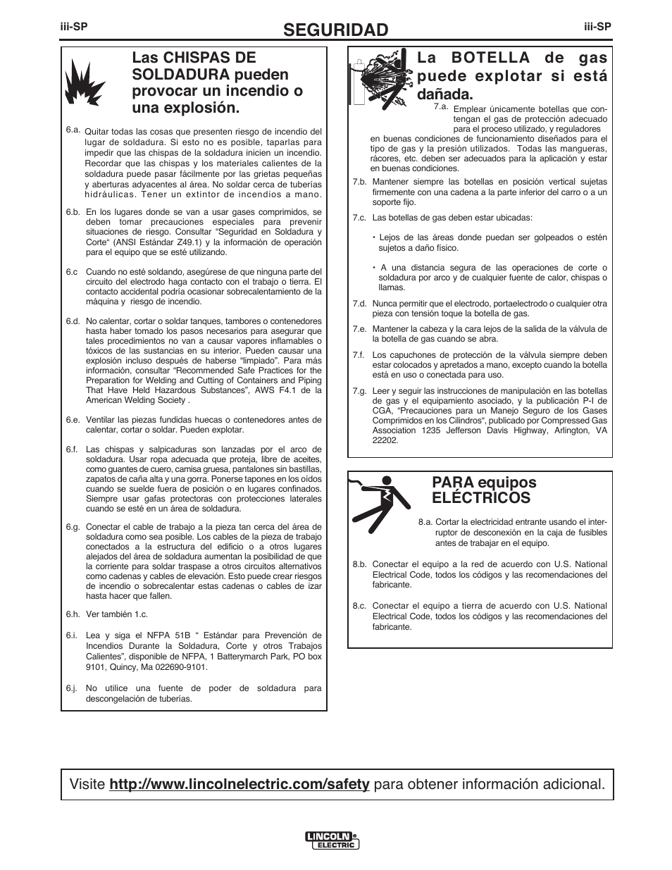 Seguridad, Para equipos eléctricos, La botella de gas puede explotar si está dañada | Lincoln Electric IMT10075 WIRE FEEDER WELDER 180 User Manual | Page 34 / 92