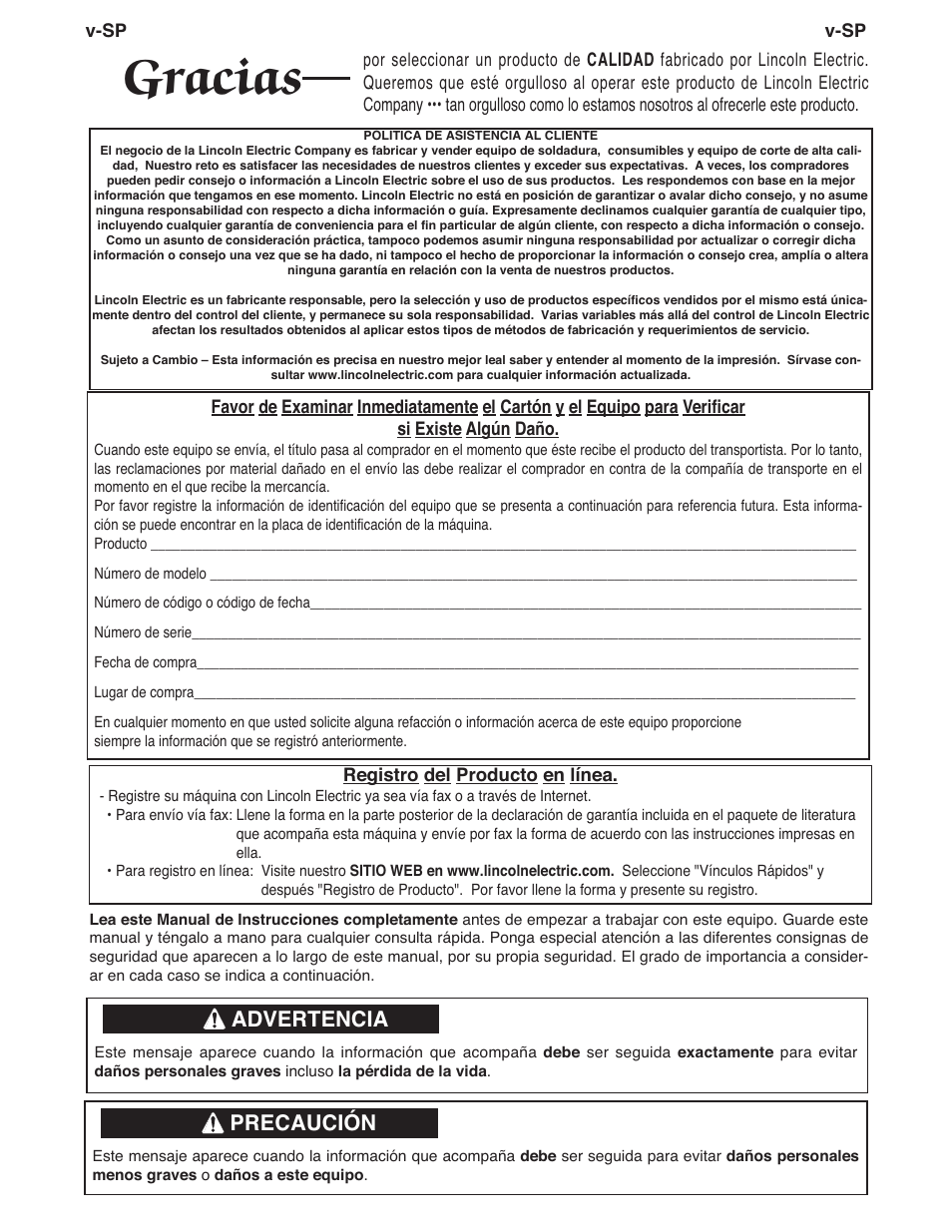 Gracias, Advertencia, Precaución | Lincoln Electric IMT10075 WIRE FEEDER WELDER 180 User Manual | Page 36 / 92