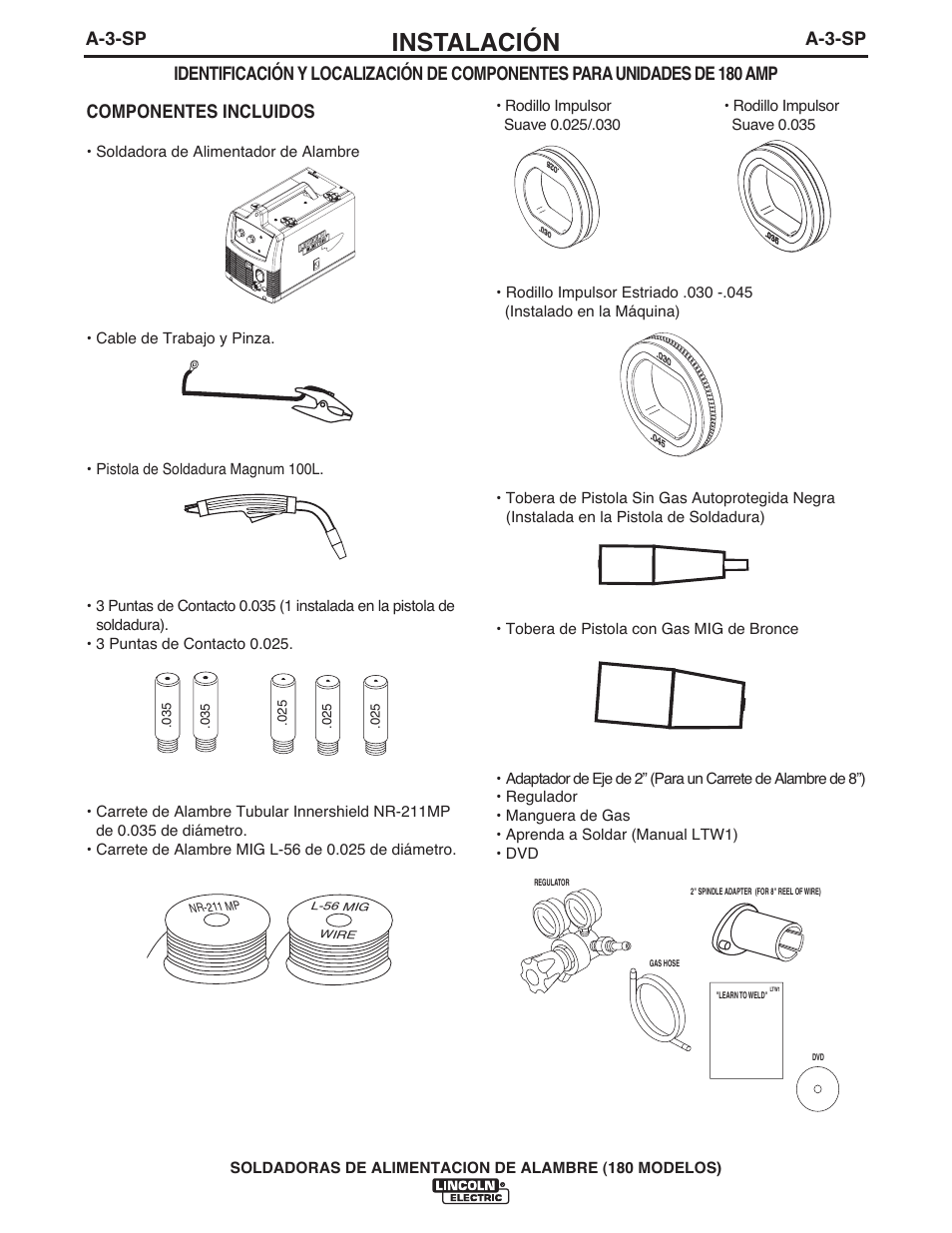 Instalación, A-3-sp, A-3-sp componentes incluidos | Lincoln Electric IMT10075 WIRE FEEDER WELDER 180 User Manual | Page 38 / 92