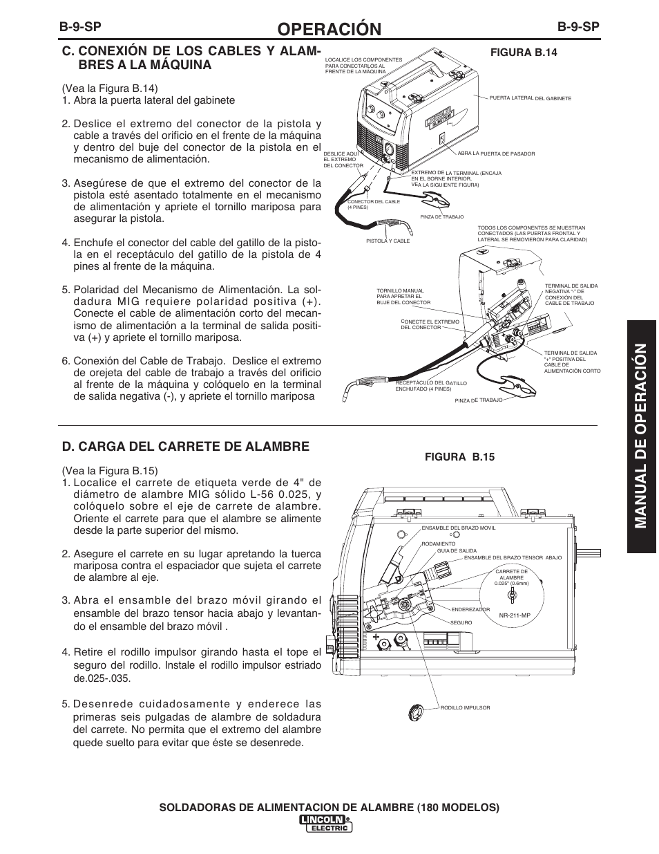 Operación, Manual de operación, B-9-sp | D. carga del carrete de alambre | Lincoln Electric IMT10075 WIRE FEEDER WELDER 180 User Manual | Page 47 / 92