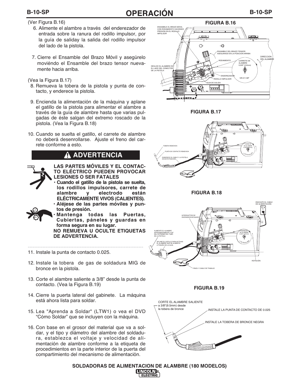 Operación, Advertencia, B-10-sp | Lincoln Electric IMT10075 WIRE FEEDER WELDER 180 User Manual | Page 48 / 92