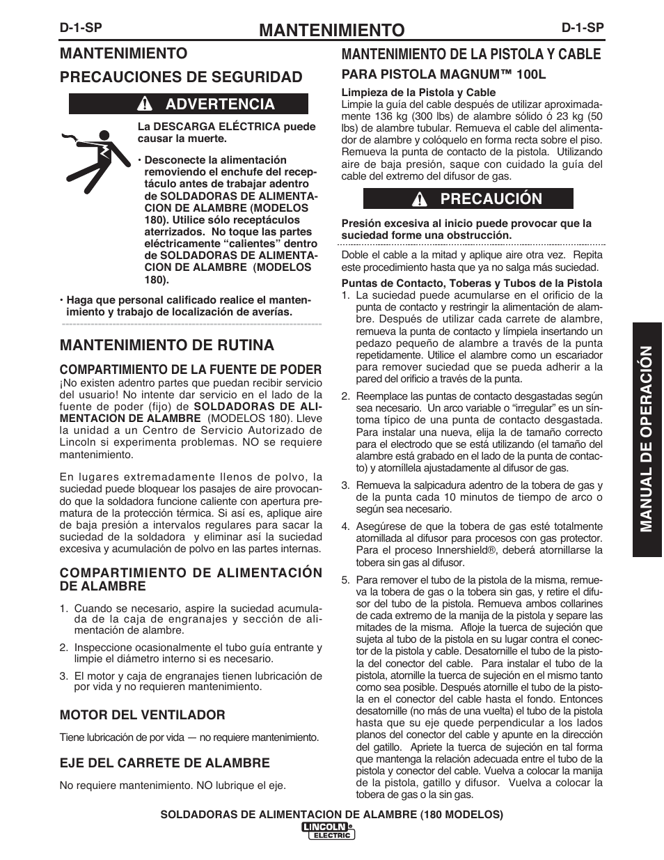 Mantenimiento, Mantenimiento precauciones de seguridad, Mantenimiento de rutina | Advertencia mantenimiento de la pistola y cable, Precaución manual de operación | Lincoln Electric IMT10075 WIRE FEEDER WELDER 180 User Manual | Page 53 / 92
