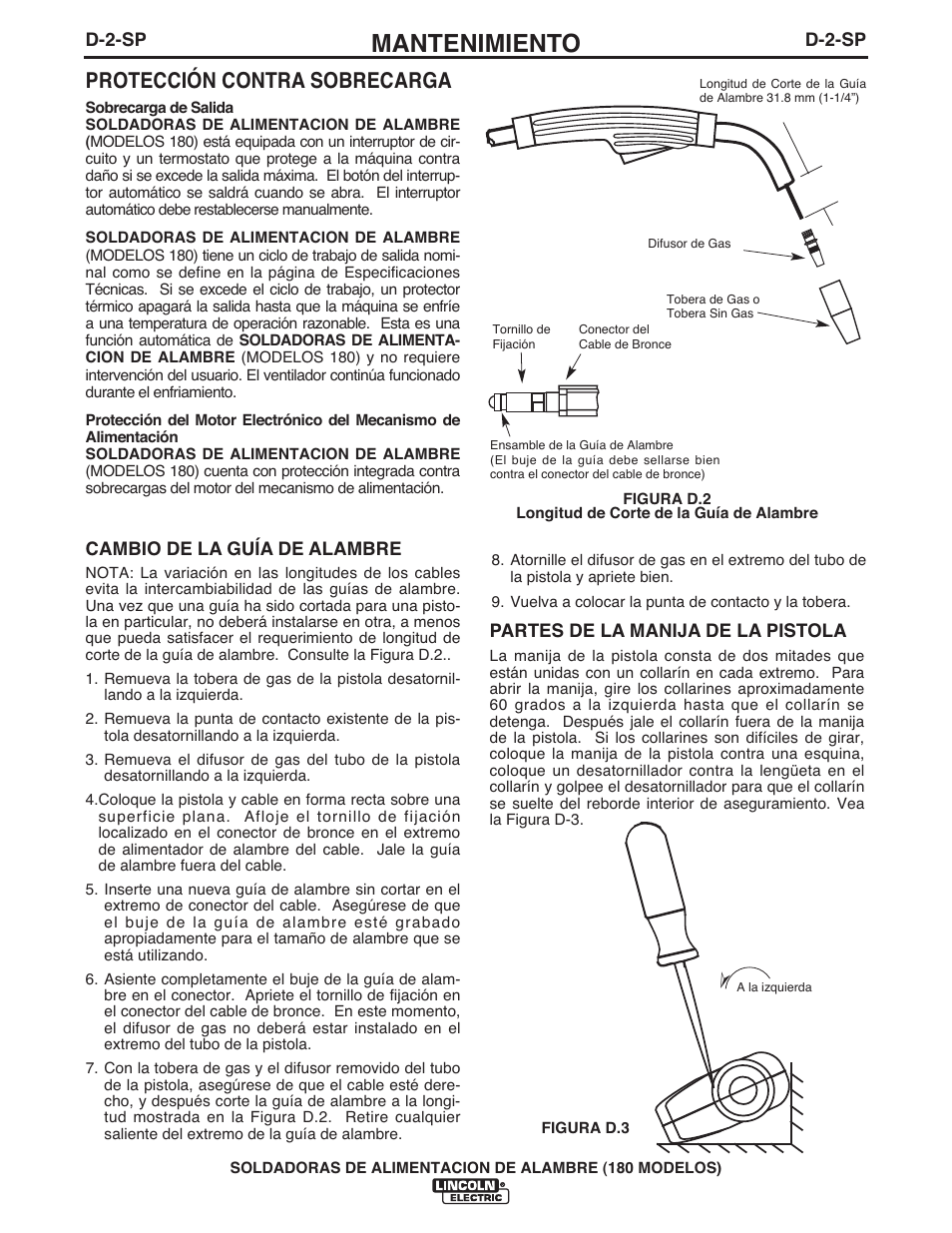 Mantenimiento, Protección contra sobrecarga | Lincoln Electric IMT10075 WIRE FEEDER WELDER 180 User Manual | Page 54 / 92