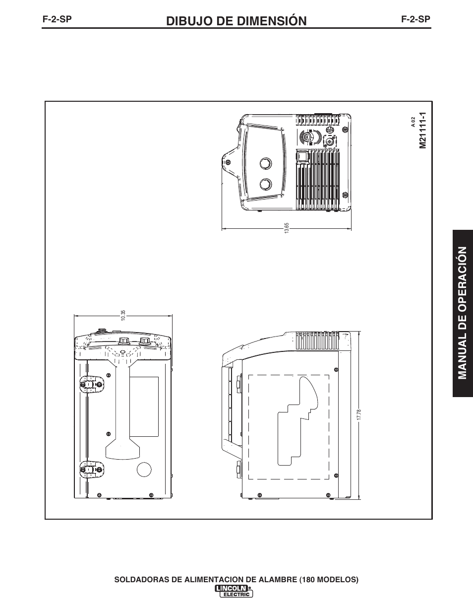 Dibujo de dimensión, Manual de operación, F-2-sp | Lincoln Electric IMT10075 WIRE FEEDER WELDER 180 User Manual | Page 59 / 92