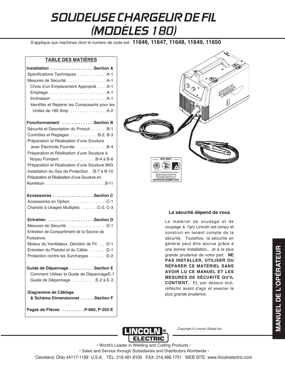 Soudeuse chargeur de fil (modèles 180), Manuel de l ʼopéra teur | Lincoln Electric IMT10075 WIRE FEEDER WELDER 180 User Manual | Page 61 / 92