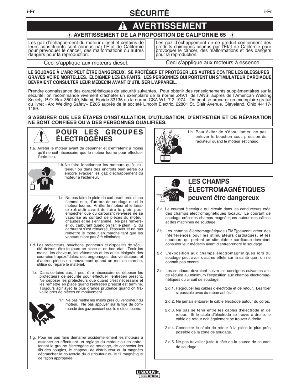 Avertissement, Sécurité, Pour les groupes électrogènes | Lincoln Electric IMT10075 WIRE FEEDER WELDER 180 User Manual | Page 62 / 92