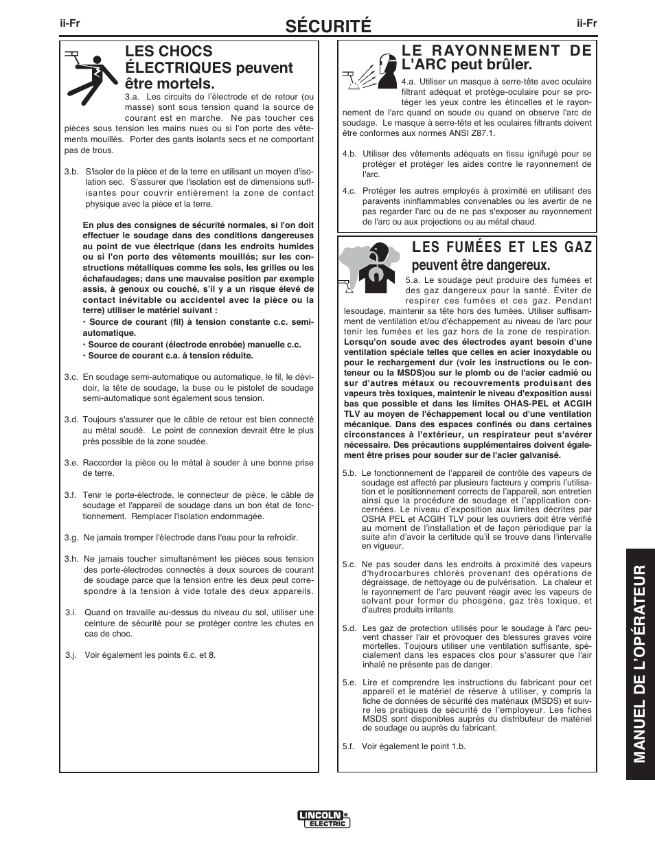 Sécurité, Les chocs électriques peuvent être mortels, Les fumées et les gaz peuvent être dangereux | Lincoln Electric IMT10075 WIRE FEEDER WELDER 180 User Manual | Page 63 / 92