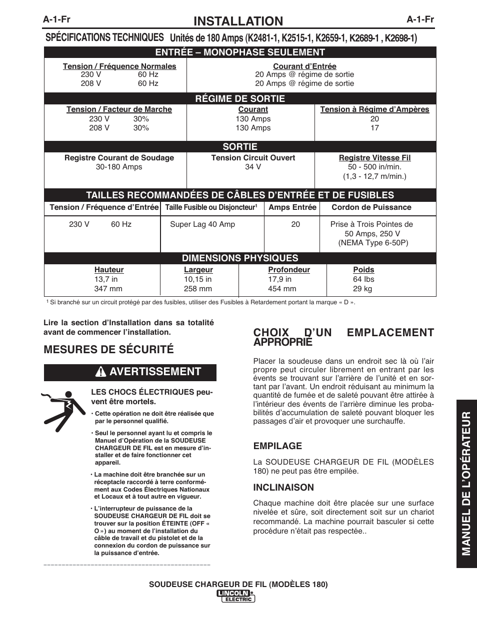 Installation, Mesures de sécurité, Avertissement | Lincoln Electric IMT10075 WIRE FEEDER WELDER 180 User Manual | Page 67 / 92