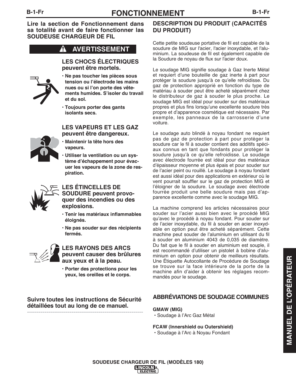 Fonctionnement, Avertissement, Manuel de l ʼopéra teur | Lincoln Electric IMT10075 WIRE FEEDER WELDER 180 User Manual | Page 69 / 92