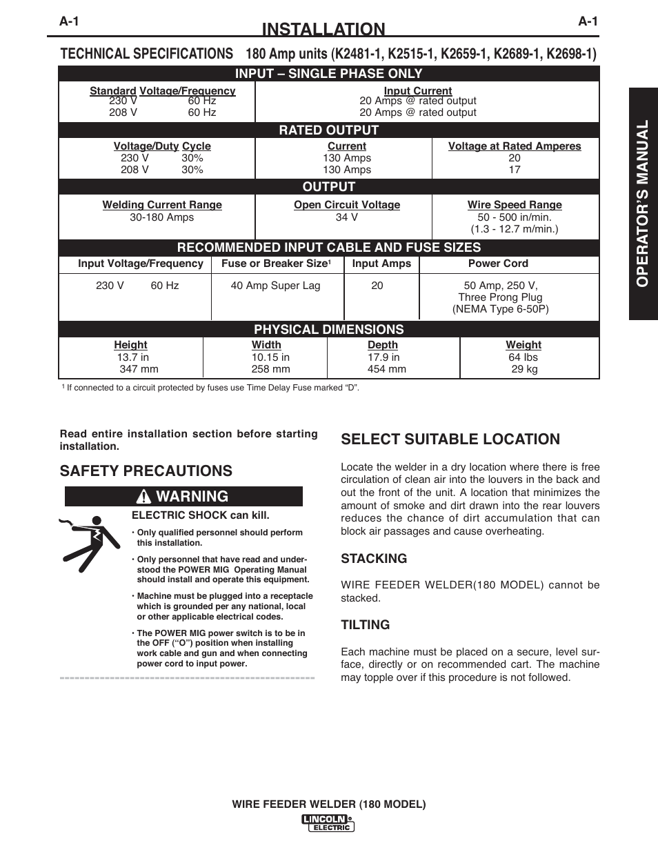 Installation, Select suitable location, Safety precautions | Warning, Opera t orʼs manual | Lincoln Electric IMT10075 WIRE FEEDER WELDER 180 User Manual | Page 7 / 92